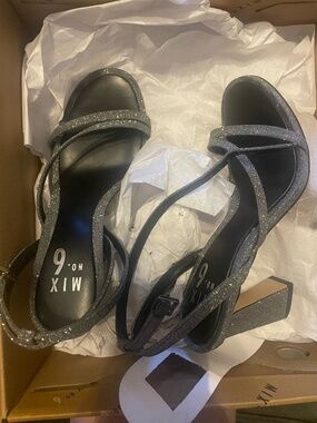 Mix No. 6 Silver Pewter Glitter Strappy Block Heels